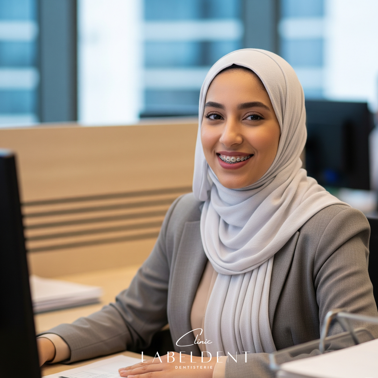 Une femme marocaine souriante et voilée, portant un appareil dentaire, assise dans un bureau de banque. L'image illustre la confiance et le professionnalisme des adultes qui choisissent les solutions d'orthodontie de LaBeldent Clinic.